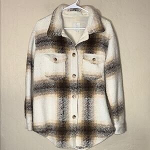 Joie oversized cream and brown plaid button front shacket